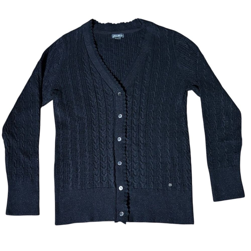 Cable Knit women’s HOLIDAY Cardigan -Black with Silver Threads –Large
